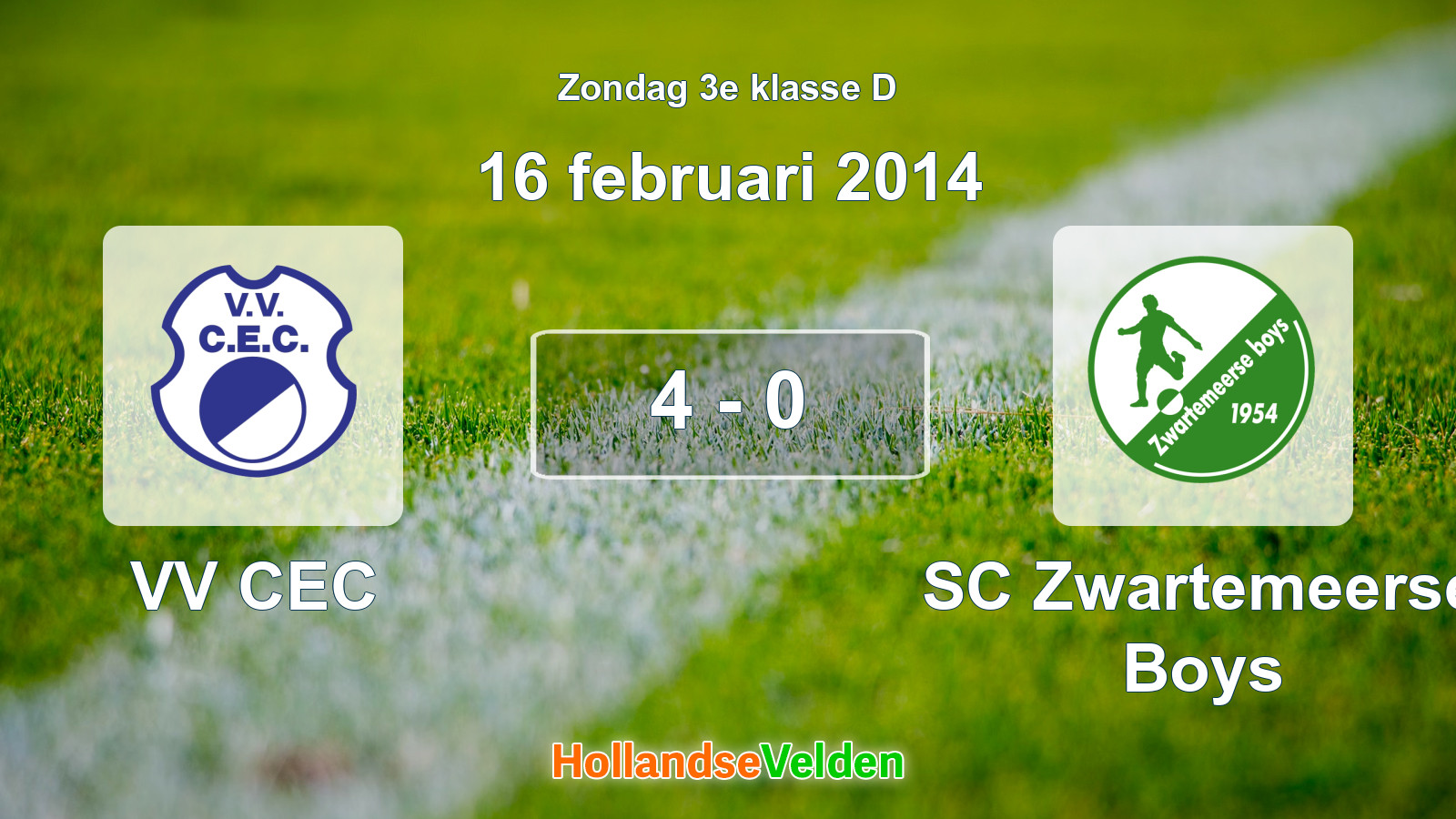 Gespeelde wedstrijd: VV CEC - SC Zwartemeerse Boys 4 - 0 (16 februari 2014)