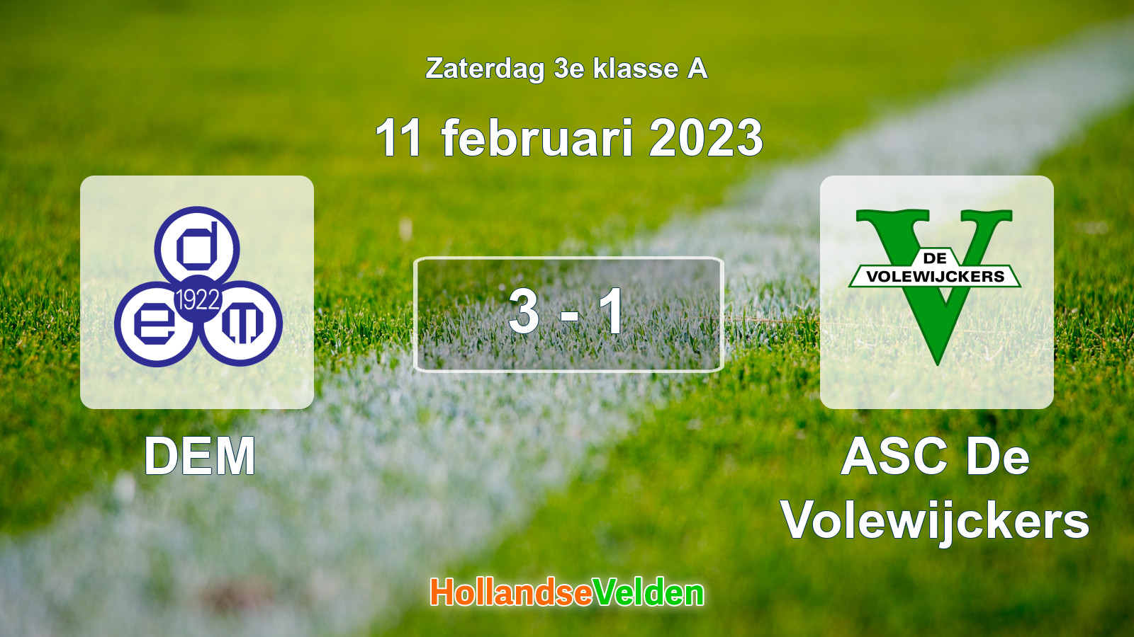 Gespeelde wedstrijd: DEM - ASC De Volewijckers 3 - 1 (11 februari 2023)