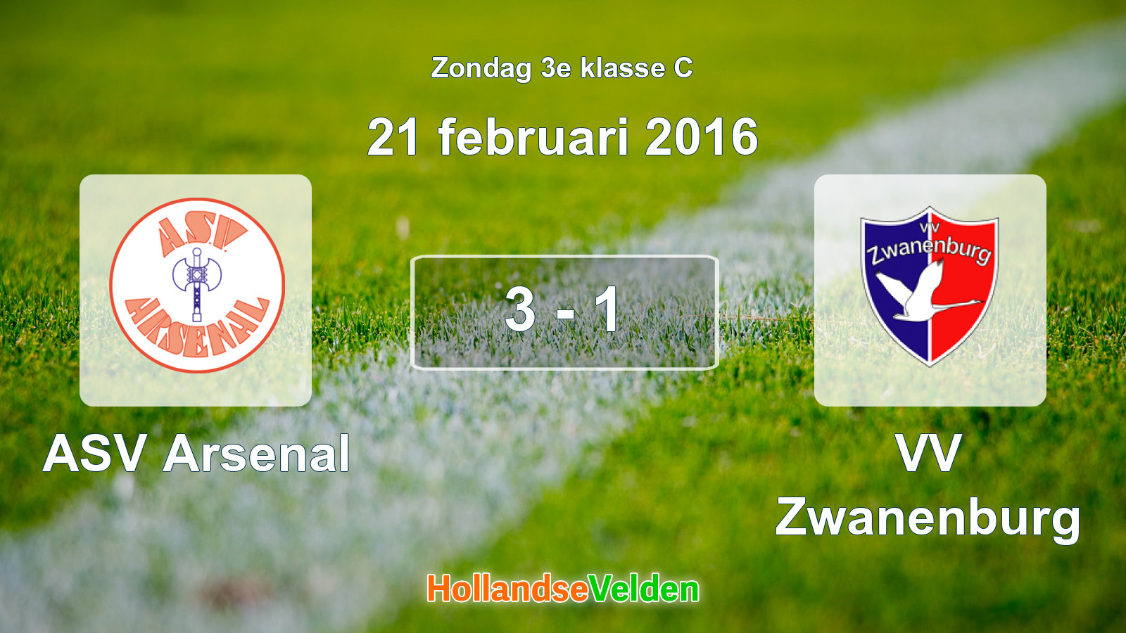 Gespeelde wedstrijd: ASV Arsenal - VV Zwanenburg 3 - 1 (21 februari 2016)