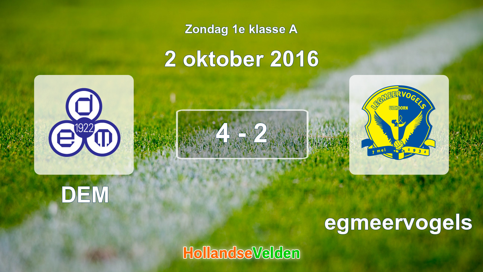 Gespeelde wedstrijd: DEM - Legmeervogels 4 - 2 (2 oktober 2016)