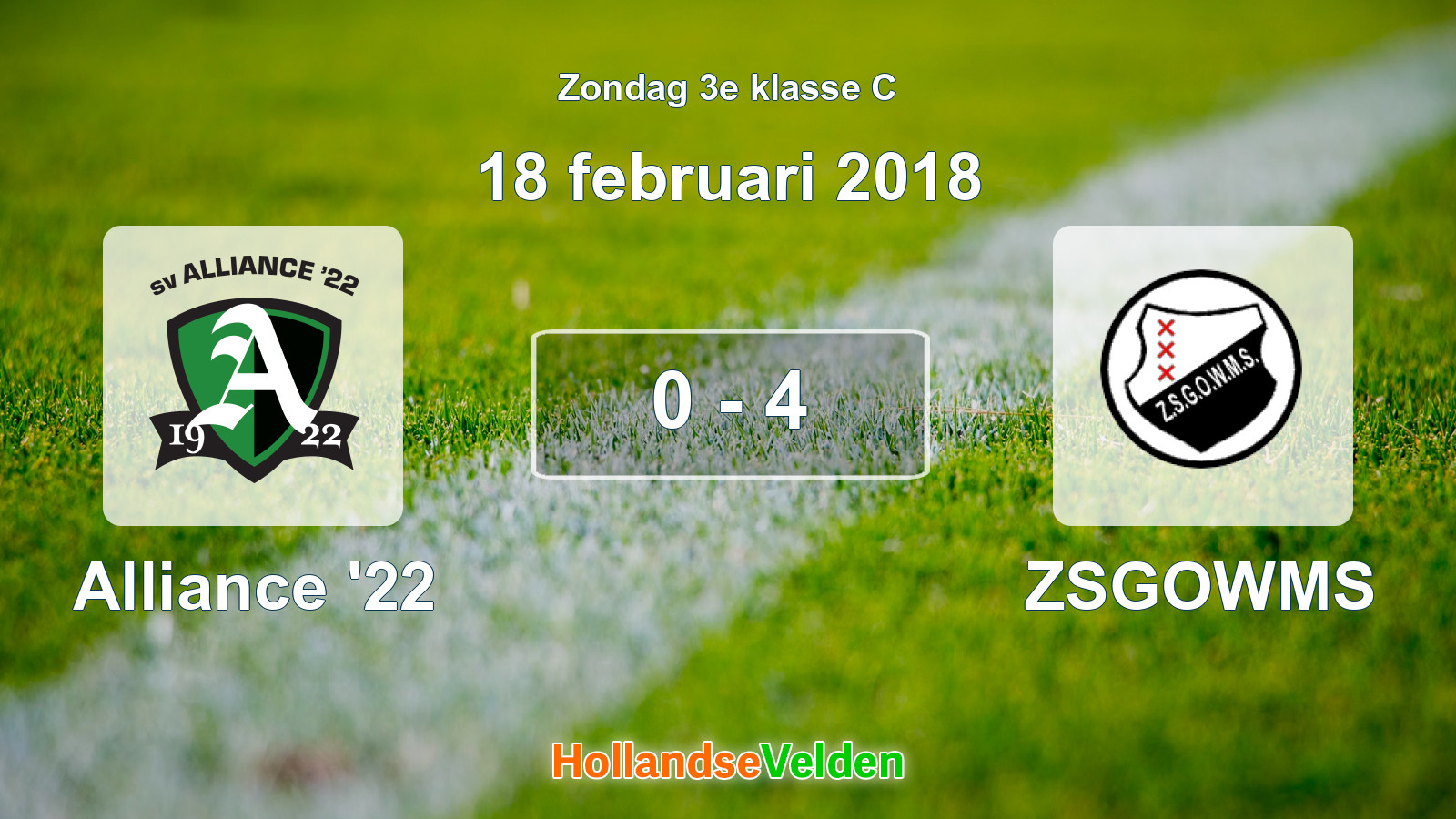 Gespeelde wedstrijd: Alliance '22 - ZSGOWMS 0 - 4 (18 februari 2018)