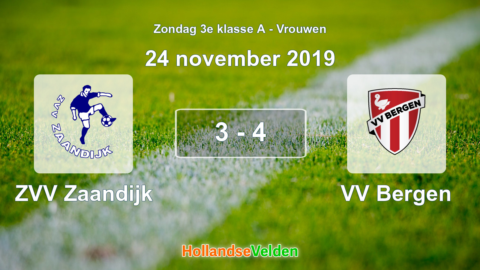 Gespeelde wedstrijd: ZVV Zaandijk - VV Bergen 3 - 4 (24 november 2019)