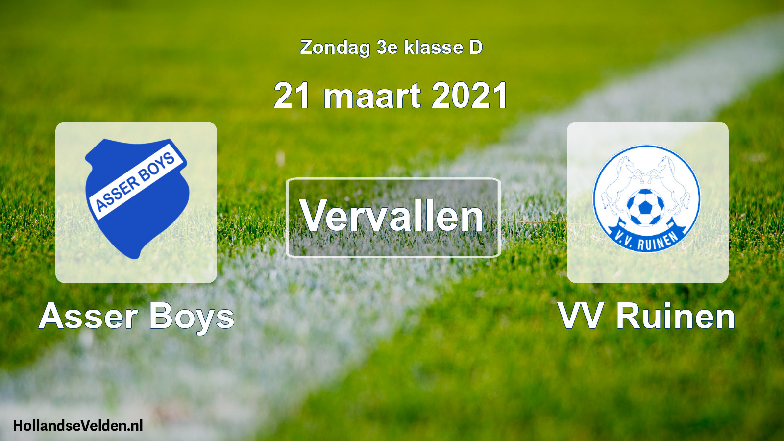 Geplande wedstrijd: Asser Boys - VV Ruinen (21 maart 2021)