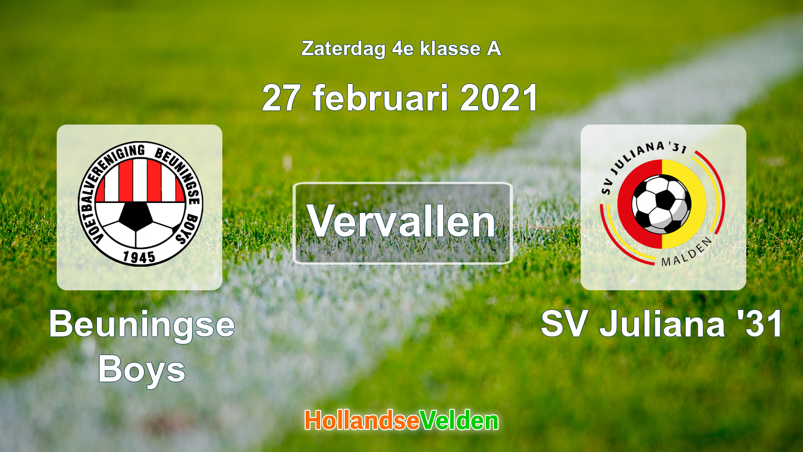 Geplande wedstrijd: Beuningse Boys - SV Juliana '31 (27 februari 2021)